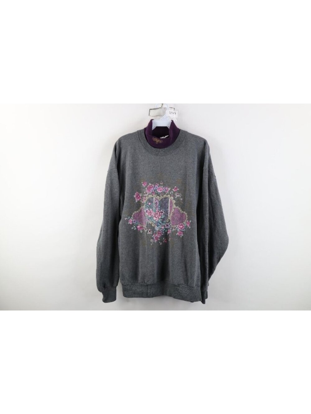 Vtg 90s Streetwear Womens L Faded Grandma Heart Flower Turtleneck Sweatshirt USA